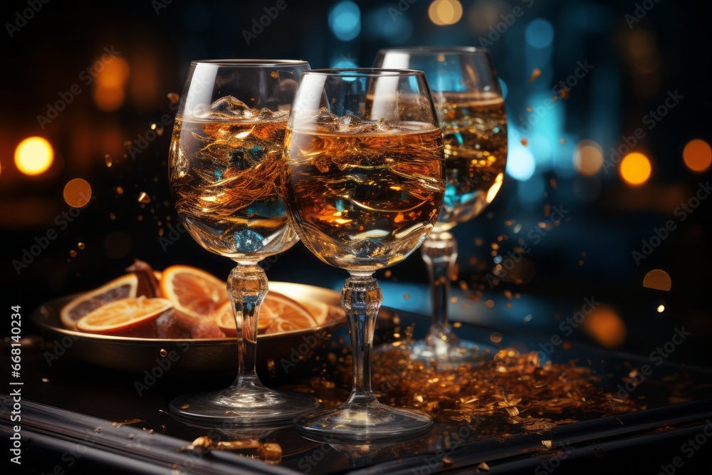 Magic Elegant glasses of champagne clinking together as the clock strikes midnight. Generative AI Magic Elegant glasses of champagne clinking together as the clock strikes midnight. Generative AI