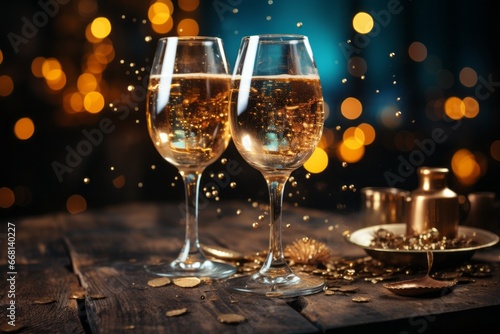 Magic Elegant glasses of champagne clinking together as the clock strikes midnight. Generative AI