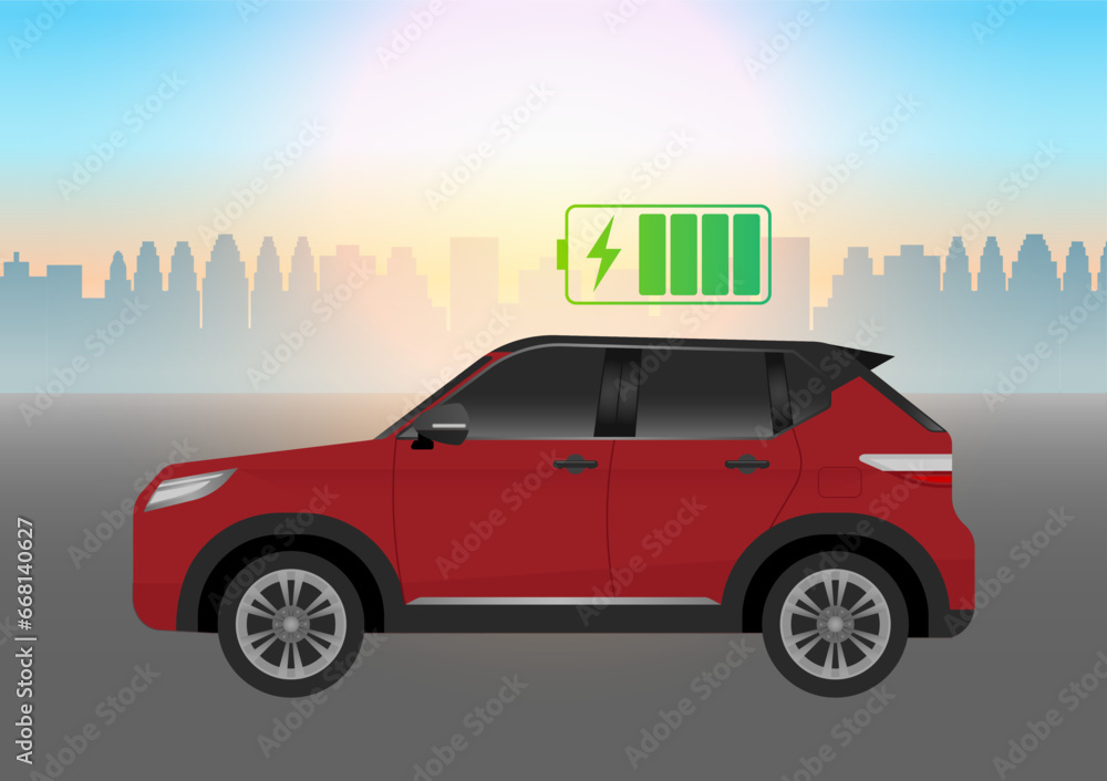 Electric Car or EV Car Driving in the City. Green Energy or Eco-friendly Concept. Futuristic Transportation Concept. Vector Illustration. 