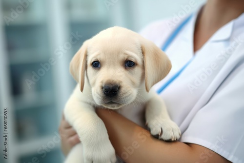 Professional veterinarian holding cute puppy. Person love dog animal doctor. Generate Ai