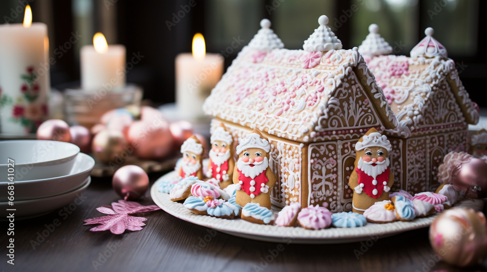A beautifully decorated Sinterklaas gingerbread house, complete with candy canes, frosting, and miniature Sinterklaas figurines, adding a sweet touch to the holiday