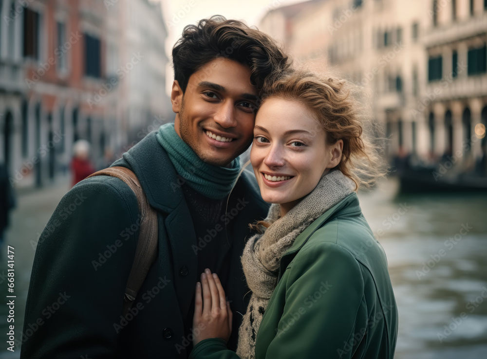 Young couple smiling together outdoors in the city, happy in love in street of Venice. Young couple smiling together outdoors in the city, happy in love in street of Venice.