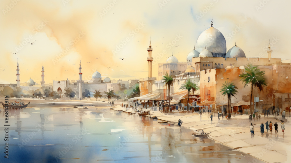 Fototapeta premium Beautiful view of Baghdad watercolor sketches
