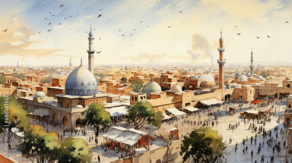 Beautiful view of Baghdad watercolor sketches