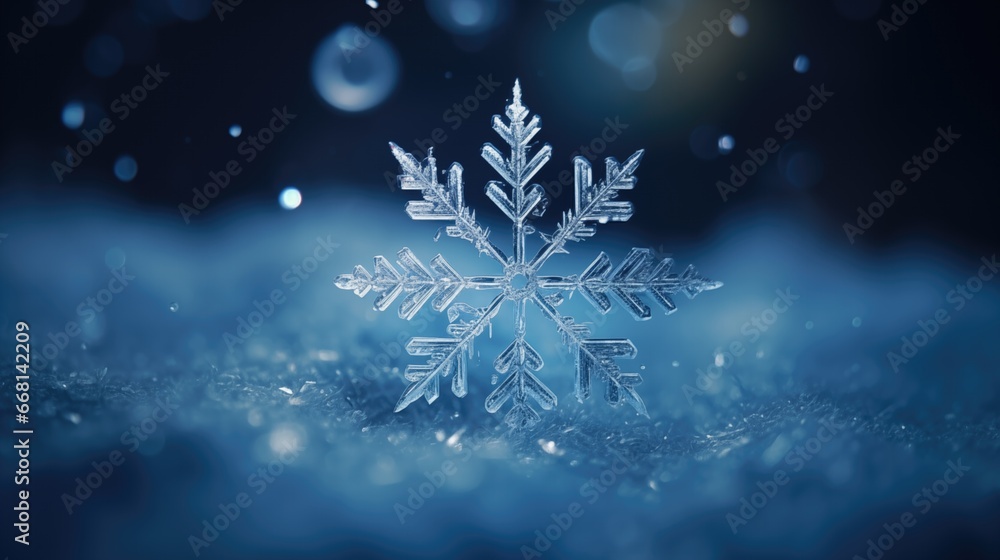 Close up of a snowflake snowflake on dark background. Snow falling. Beautiful cold ice frost winter Christmas holiday season background. Close up of a snowflake snowflake on dark background. Snow falling. Beautiful cold ice frost winter Christmas holiday season background.