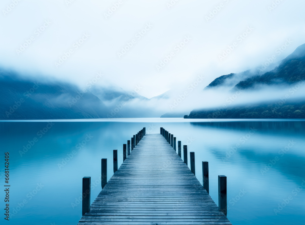 An empty pier leading in to the calm blue lake surrounded by foggy mountains.