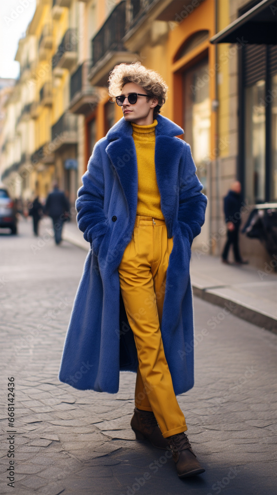 Street clothing style is a fashionable person in an extravagant fur coat after showing a mod on the street