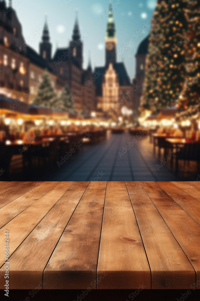 Empty wooden table over christmas market background, product display mockup.