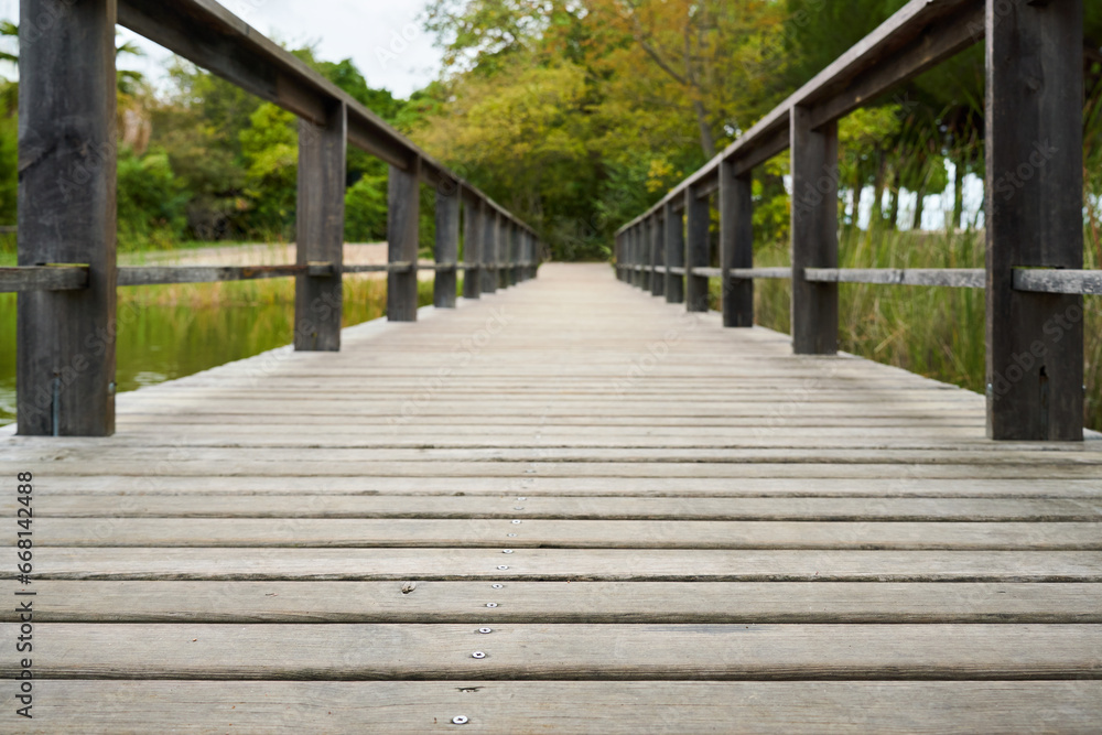path on the wooden deck of an old bridge with green vegetation in the background and perspective blur