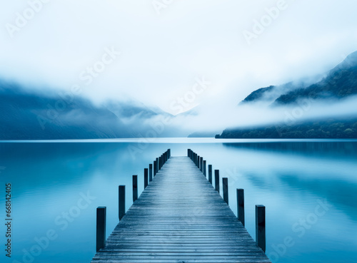 An empty pier leading in to the calm blue lake surrounded by foggy mountains. © Saulo Collado