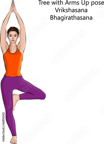 Young woman doing yoga Vrikshasana. Tree with Arms Up pose. Intermediate Difficulty. Isolated vector illustration.