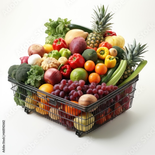 Trolley carrying fruit with an elegant plain white background  good for business  supermarkets  websites  online shops  blogs  catalogs etc. Generative Ai Image