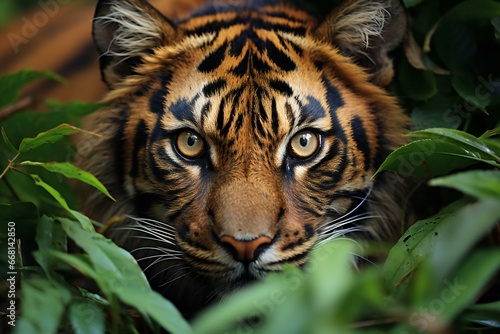 Sumatran tiger in natural habitat  close-up portrait