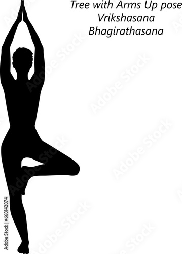 Silhouette of woman doing yoga Vrikshasana. Tree with Arms Up pose. Isolated vector illustration.
