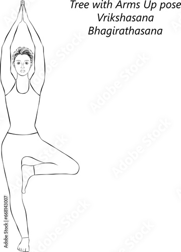 Sketch of young woman doing yoga Vrikshasana. Tree with Arms Up pose. Isolated vector illustration.