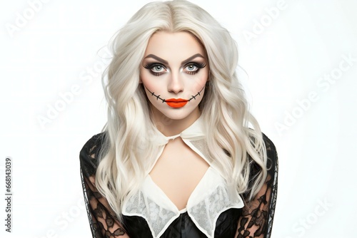 Portrait of a beautiful woman with Halloween make-up and red lips