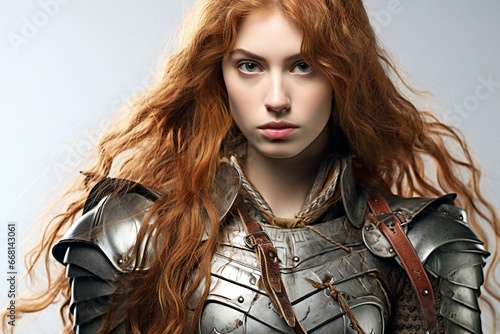 Portrait of a beautiful red-haired girl in a medieval armor
