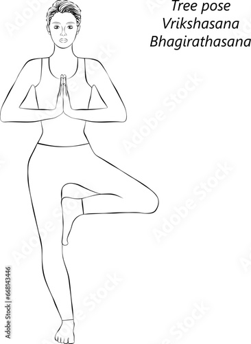 Sketch of young woman doing yoga Vrikshasana. Tree pose. Isolated vector illustration.