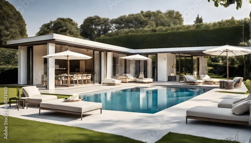 Moderne Villa mit Flachdach und Swimmingpool im Garten - Relaxen auf Liegestühlen photo