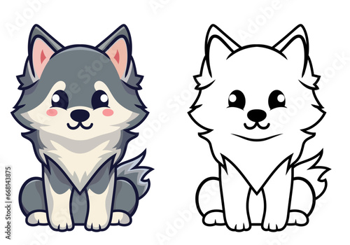 Cute wolf, Huskey or Alaskan Malamute puppy vector illustration, Wolf or dog sitting on the ground vector image, colored and black and white clip art