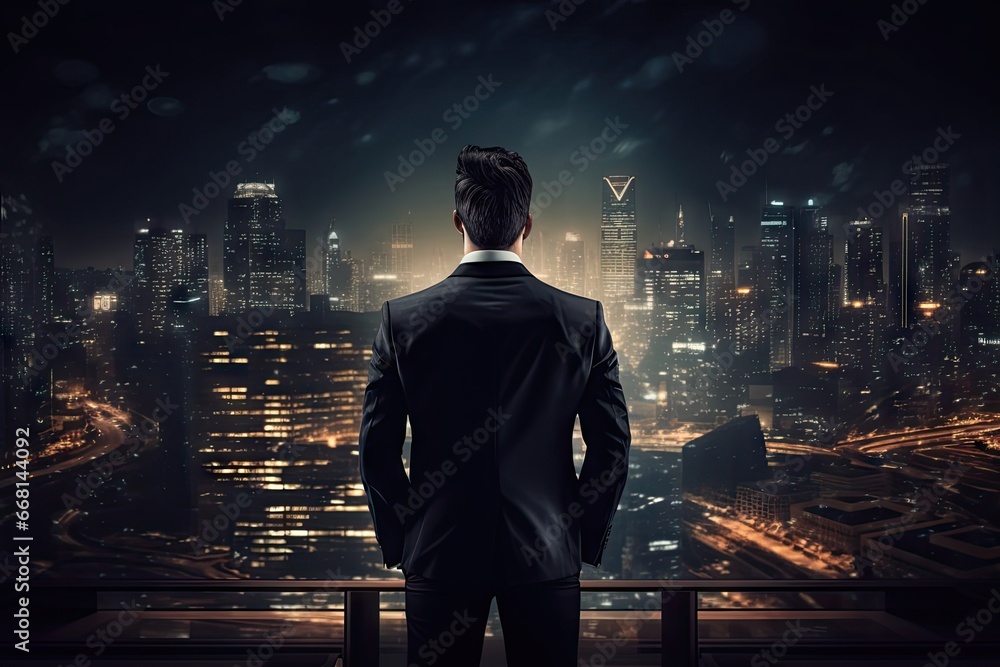 Man on building. Corporate success. Modern businessman vision. Urban boss. Creative perspective. Elevated view. Cityscape of business achievement