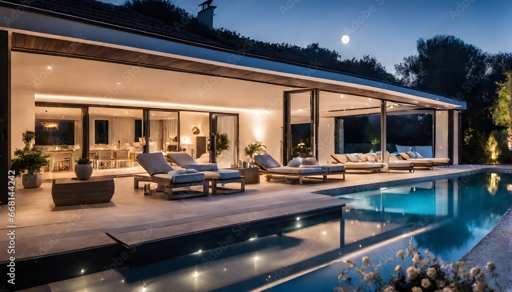 Fototapeta premium Moderne Villa mit Flachdach und Swimmingpool im Garten - Relaxen auf Liegestühlen