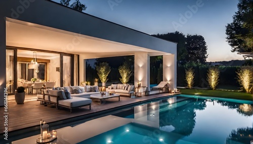 Moderne Villa mit Flachdach und Swimmingpool im Garten - Relaxen auf Liegestühlen © Chris