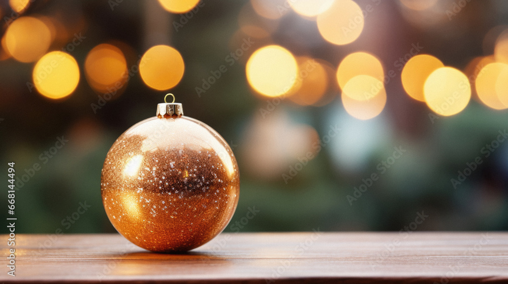 Golden Christmas ball on wooden table in front of bokeh background. Golden Christmas ball on wooden table in front of bokeh background.