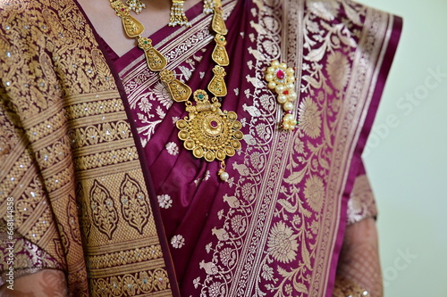 Indian Traditional Woman Jewelry. Saree and Golden necklace. Indian Wedding fashion. Diwali look saree