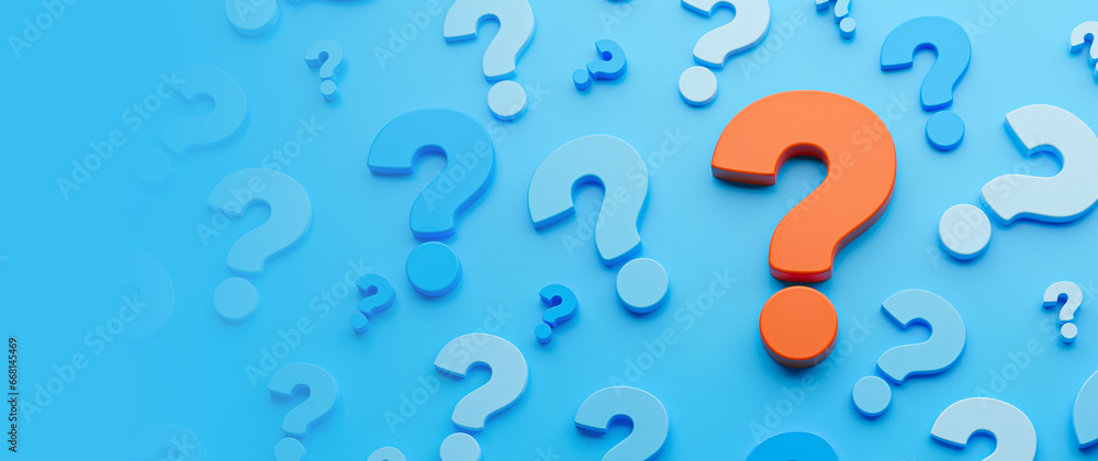 Red question mark on a blue background. banner. 3d render - obrazy, fototapety, plakaty 