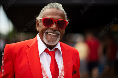 Street style clothes - fashionable stylish senior man in a bright extravagant red suit on the street. fashion concept, blogger content photo