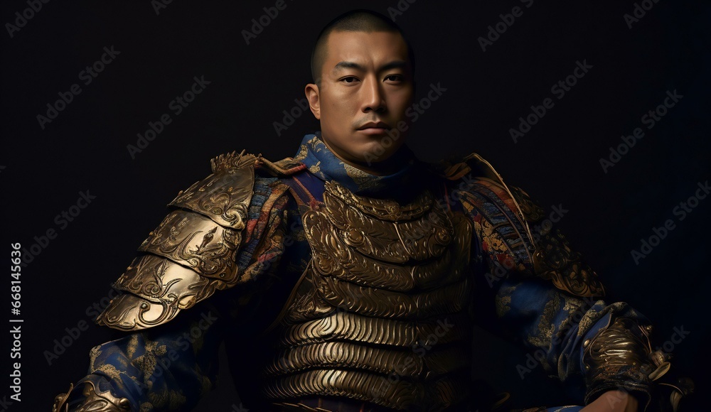 Portrait of a man in armor,  Isolated on black background