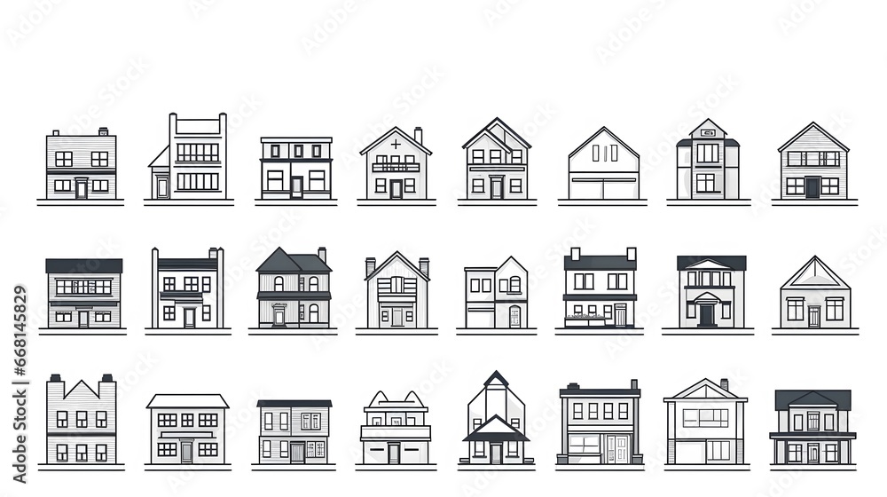 Set of outline vector icons modern house exterior isolated on a white background