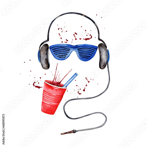 Photography Composition with headphones, blue plastic sunglasses, red drinking cup with a straw