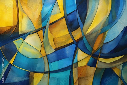 Abstract background of stained glass window with yellow, blue and orange colors