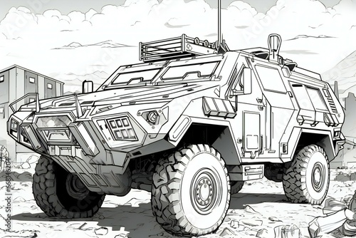 Armored military vehicle on the road  sketch graphics monochrome illustration