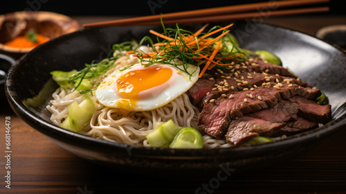 Bimbi naengmyeon korean cold noodles ramen with beef photo