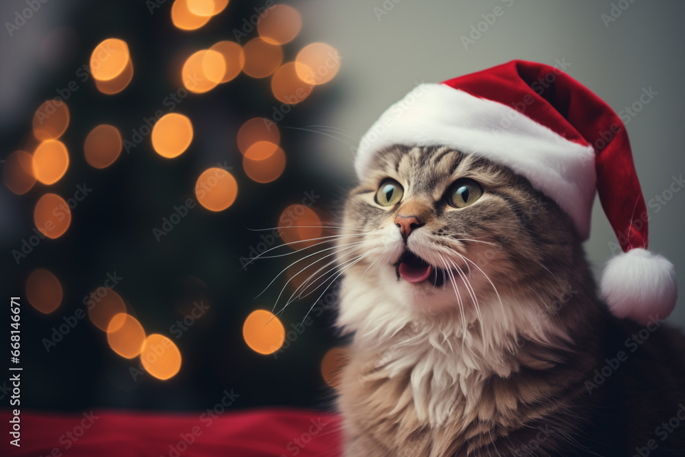 Photo of a cat with Santa hat and Christmas tree Photo of a cat with Santa hat and Christmas tree