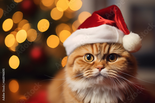 Photo of a cat with Santa hat and Christmas tree