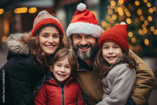 Photo of family walk on Christmas market in Santa hat