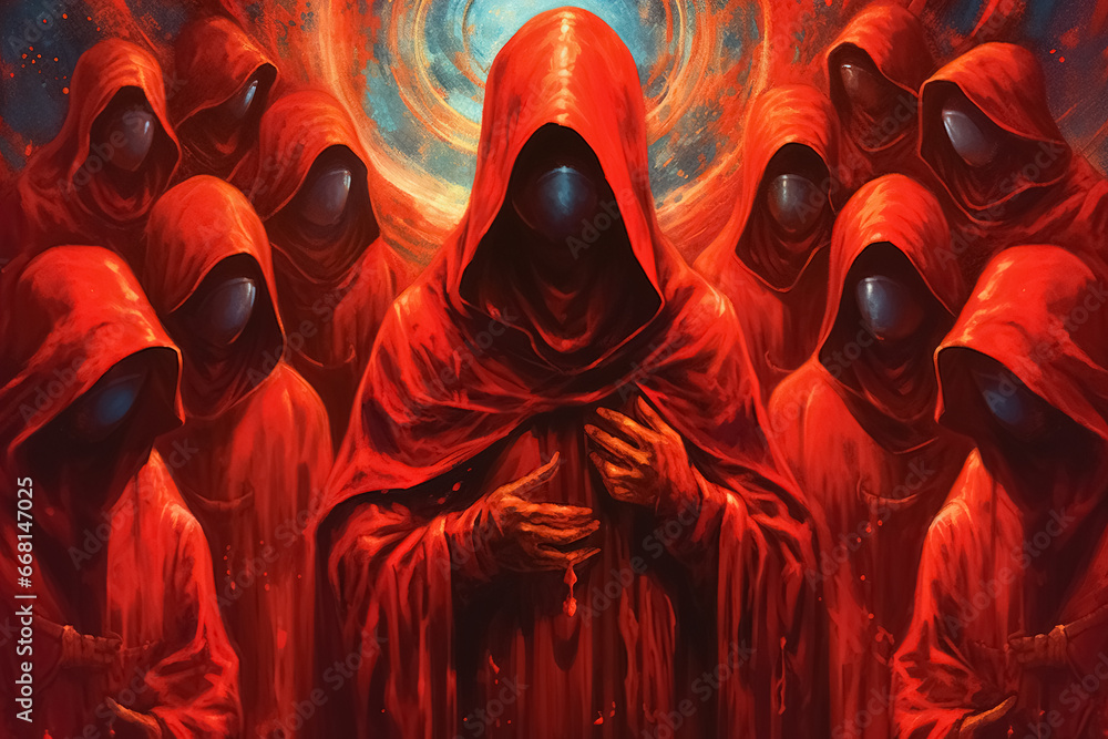 Group of mystery people in a red hooded cloaks. Generative Ai - obrazy, fototapety, plakaty 