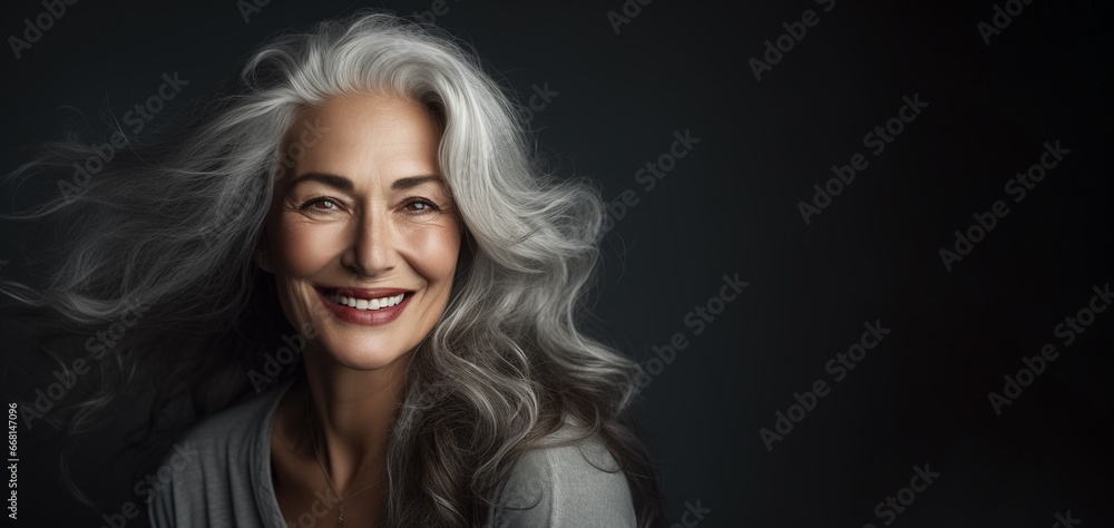 Fototapeta premium happy stylish senior woman, panoramic layout. Generative Ai