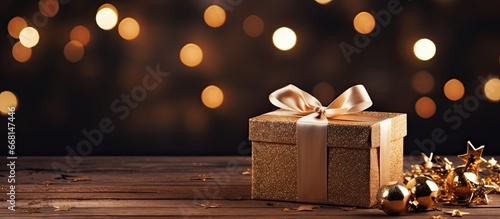 Beautiful festive background with a Christmas gift on a wooden table