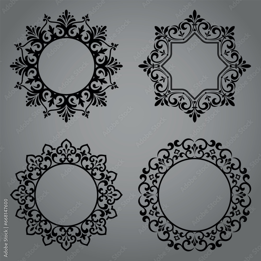 Set of decorative frames Elegant vector element for design in Eastern style, place for text. Floral black and gray borders. Lace illustration for invitations and greeting cards Set of decorative frames Elegant vector element for design in Eastern style, place for text. Floral black and gray borders. Lace illustration for invitations and greeting cards
