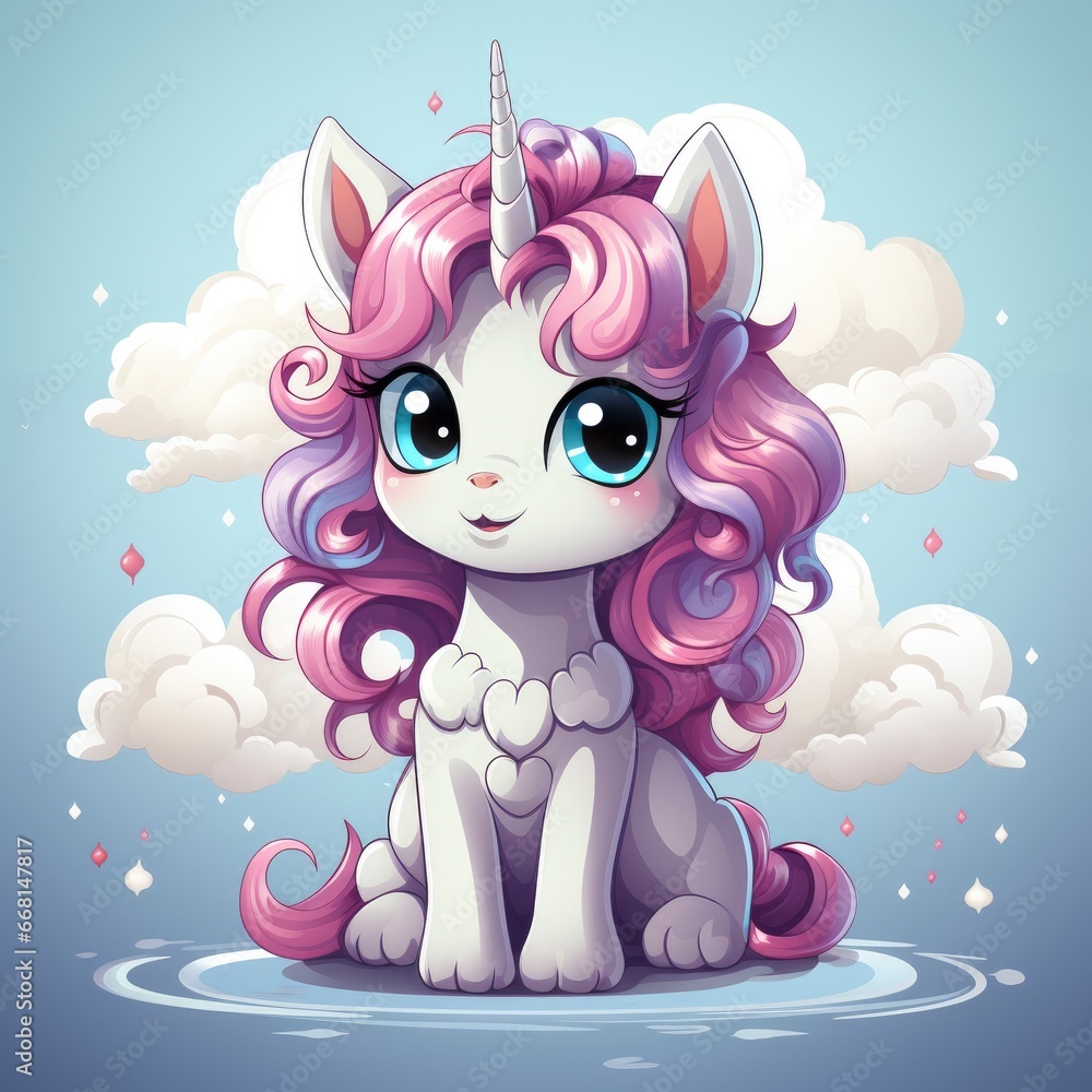 Obraz premium Sad Unicorn Sitting Rain Cloud With Rainbow,Cartoon Illustration, For Printing