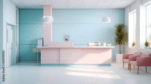 Minimalist hospital reception counter area with a modern counter design.
