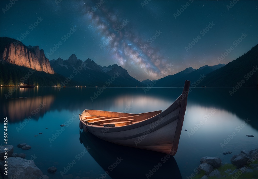 wooden boat on the lake at night, AI generated.