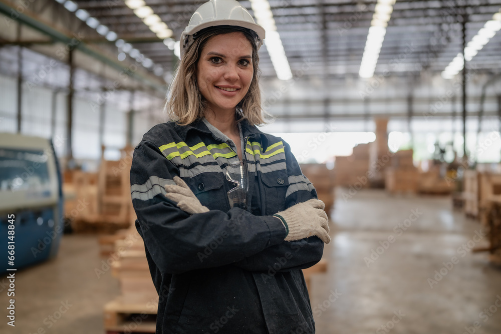 Portrait of caucasian female worker standing in warehouse facility looking at camera smiling. Beautiful woman engineer employee wear safety hardhat uniform working in wooden pallet production factory. Portrait of caucasian female worker standing in warehouse facility looking at camera smiling. Beautiful woman engineer employee wear safety hardhat uniform working in wooden pallet production factory.
