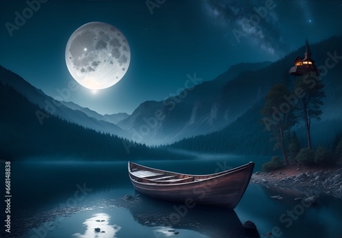 wooden boat on the lake at night, AI generated.