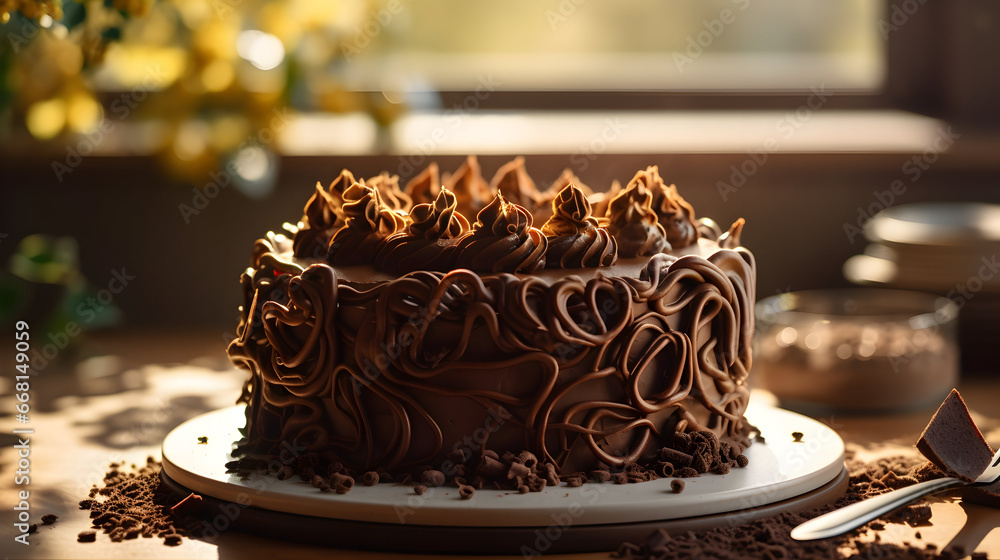 Top view of chocolate cake decorated with chocolate curls, sitting in bright sunlight, generative ai